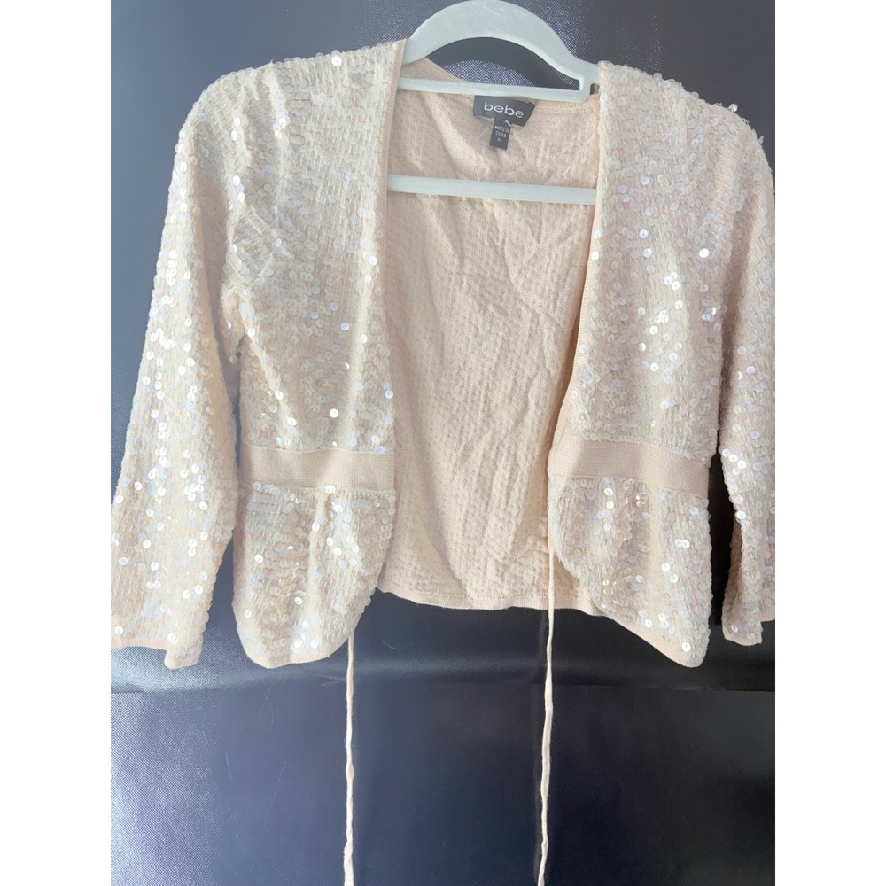 Bebe Sequin Cardigan Champagne Peach Open Front Tie Peplum Shimmer Sweater M